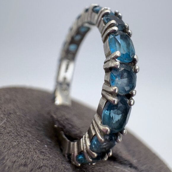 Sterling Silver 925 Blue Topaz Prong Set Eternity Band Stackable Ring Size 7 - Picture 2 of 9